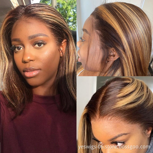 Highlight Short Bob Wigs 4/27 Color Human Hair Lace Front Wigs Brown Ombre Remy Hair Pre Plucked Swiss Lace Wigs For Black Women